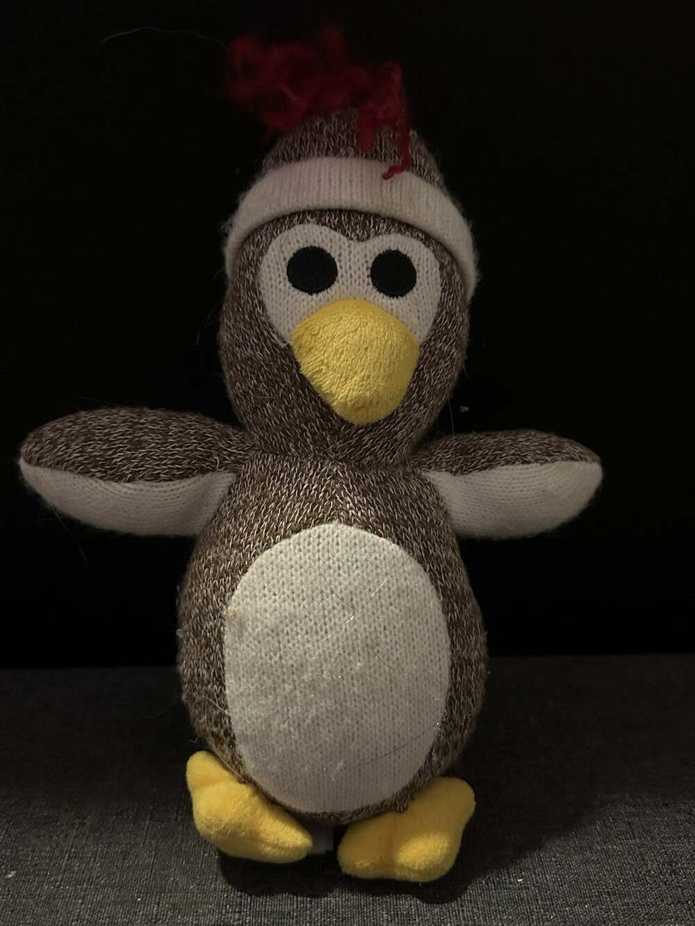 Sock Monkey Style Penguin Plush 8” Knit Brown Cream Yellow Stuffed Animal